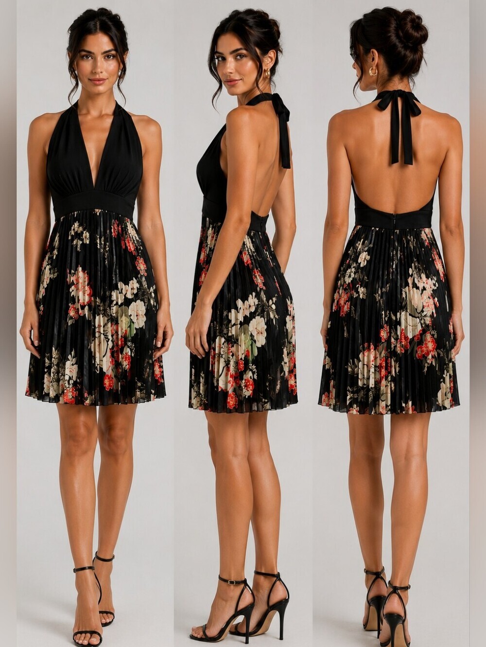Betsy & Adam Black Floral Pleated Halter Midi Dress